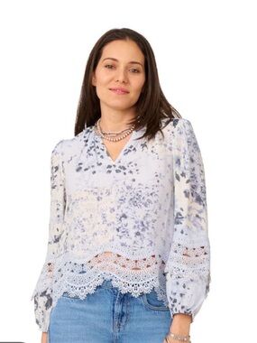 Floral Lace-Hem V-Neck Blouse - Light Blue by Crown & Ivy